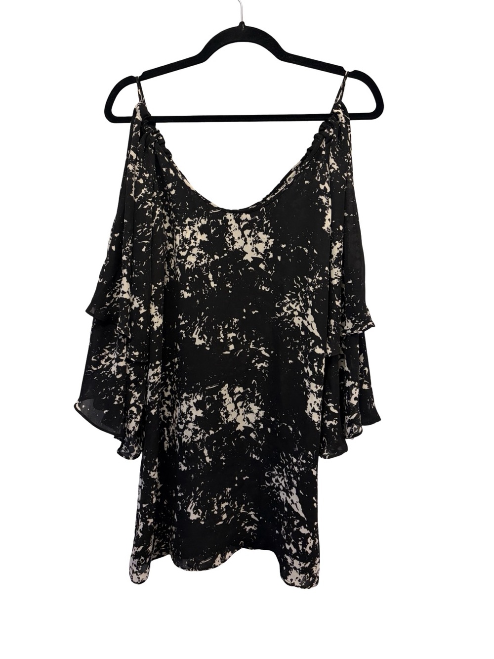 Parker Cocktail Dress Womens XS Black Cream Cold Shoulder Flutter Sleeve Mini - Picture 2 of 11